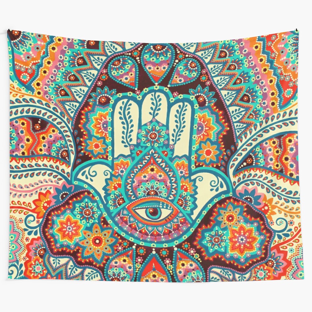 Hamsa hand tapestry with mandala flower design for meditation and spiritual home decor