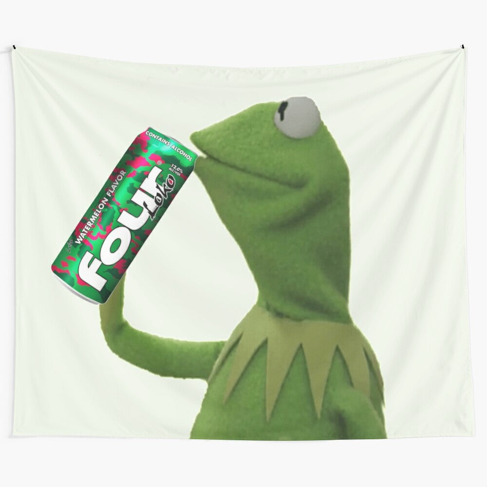 Kermit the Frog drinking Four Loko in a viral meme-inspired tapestry design