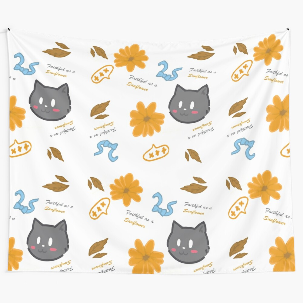 Grey cat with sunflowers in a whimsical, nature-inspired floral pattern