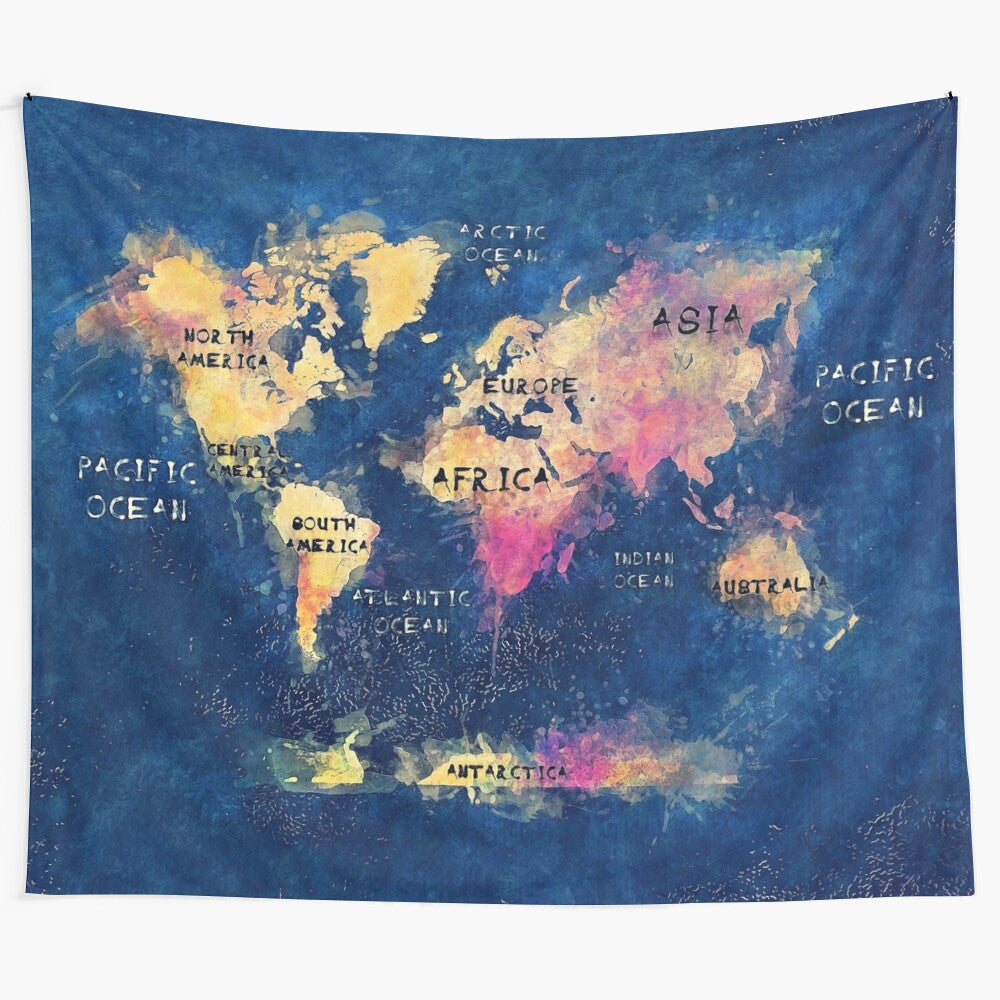 Typographic world map tapestry showcasing continents and oceans