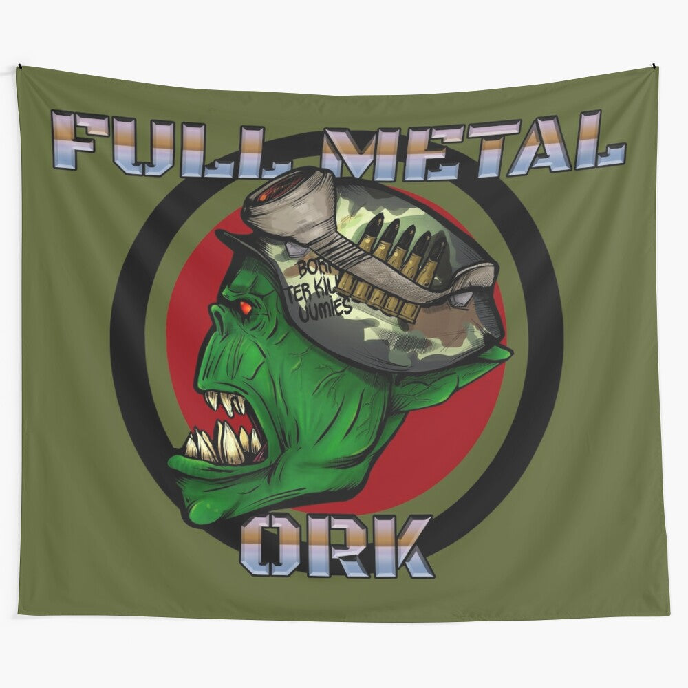 Warhammer 40k-themed tapestry featuring a full metal ork