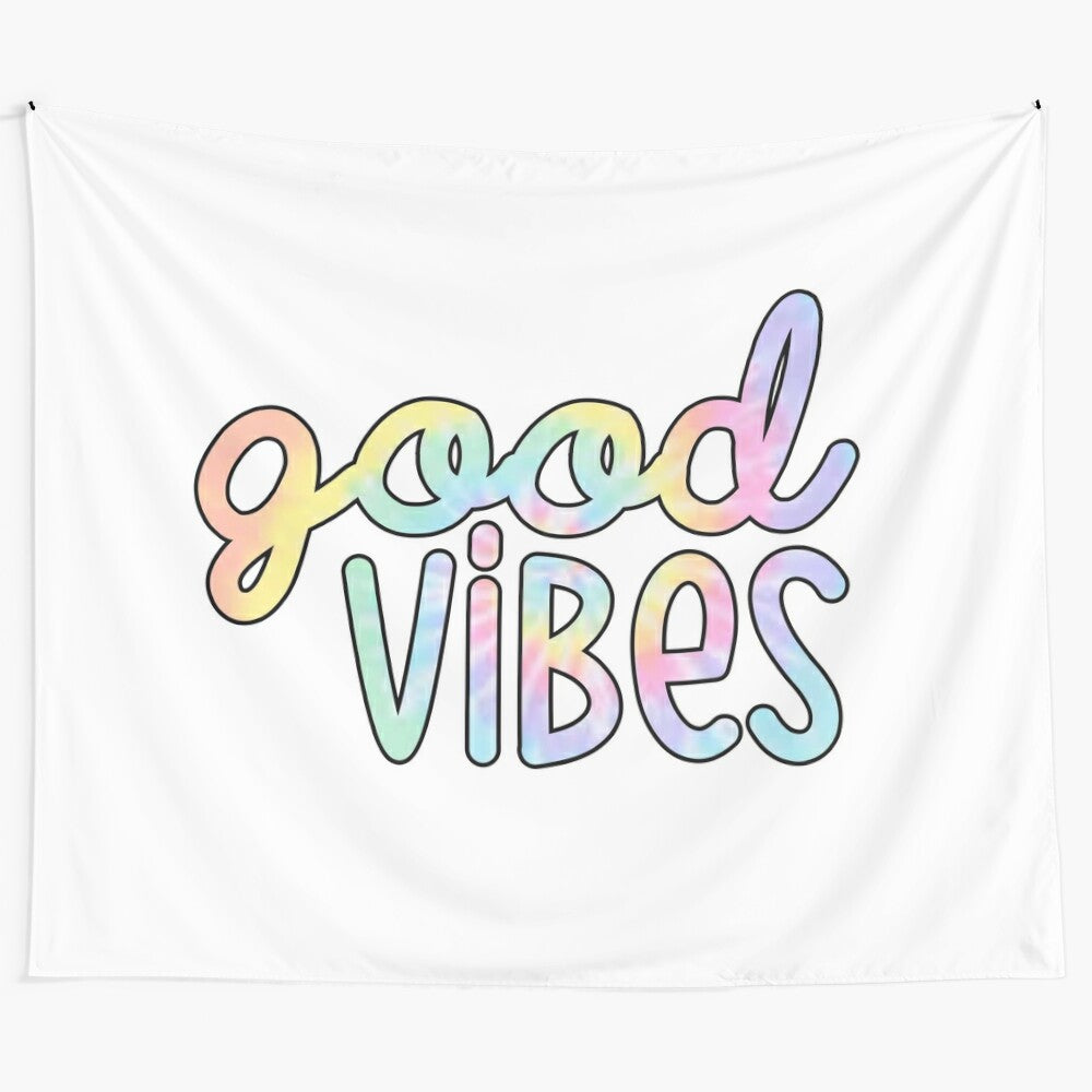 Pastel tie dye tapestry with vibrant good vibes design