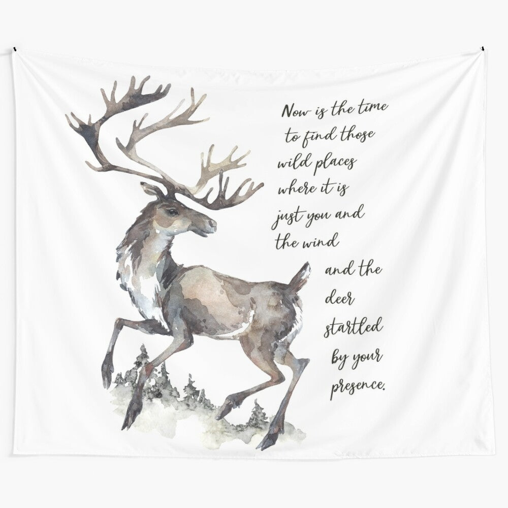 Deer illustration tapestry depicting a solitary deer in a natural, wilderness setting