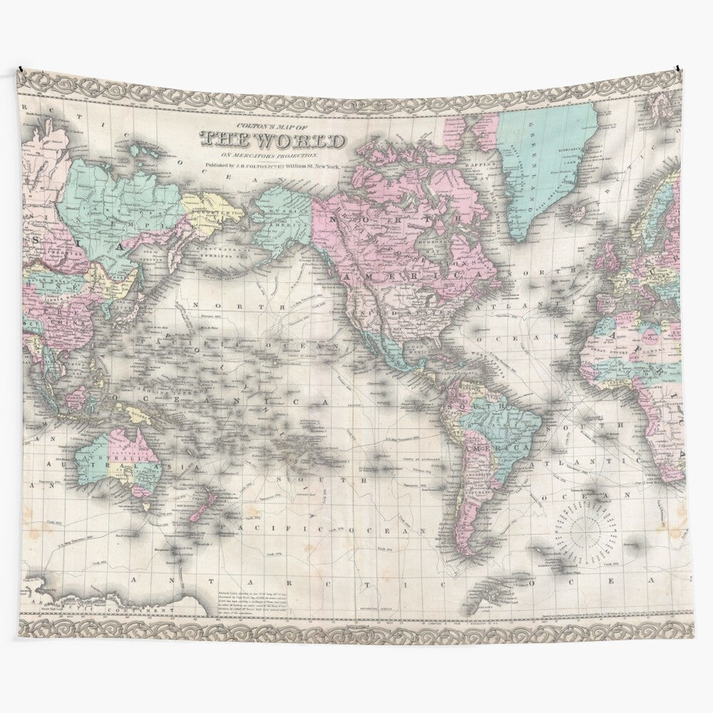 Vintage-style world map tapestry featuring a historical 1855 cartographic design