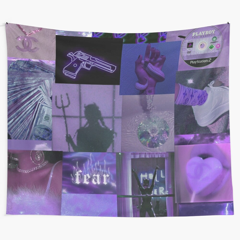 Purple college tapestry with various trendy aesthetic elements