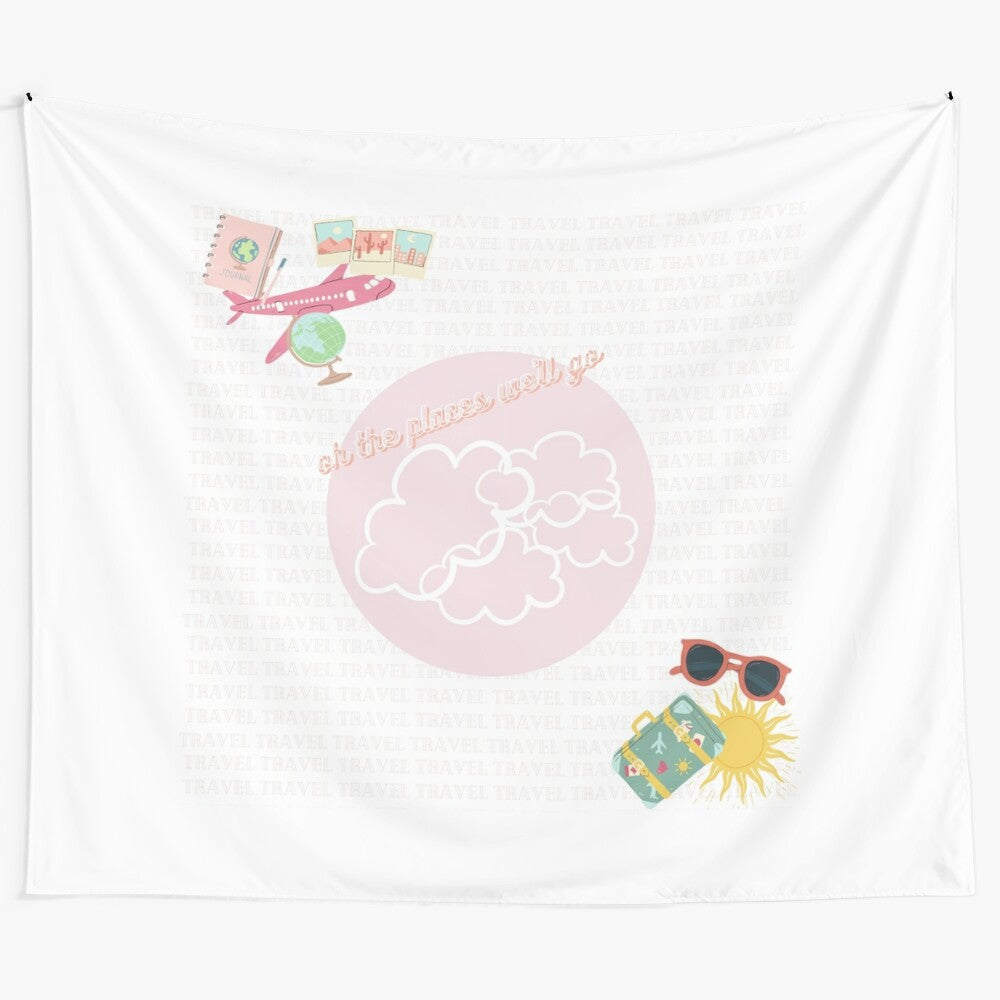 Boho-style tapestry featuring travel and summer imagery