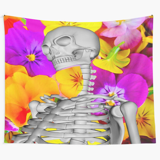 Skeleton with Flowers Tapestry showcasing a beautiful, abstract floral design