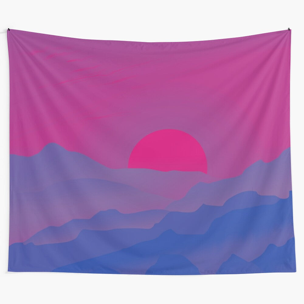 Bisexual pride sunrise landscape tapestry with rainbow colors and equality flag