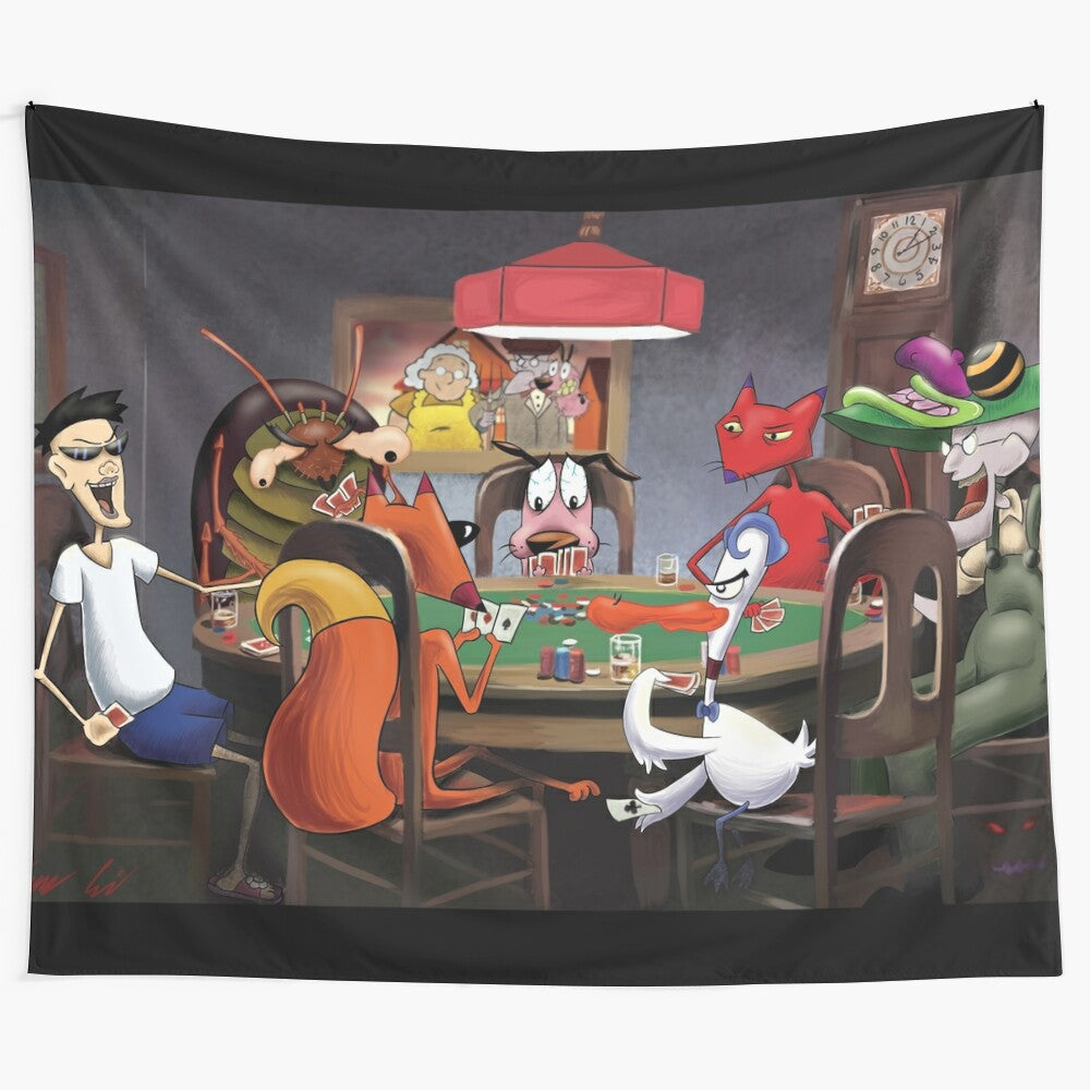 Nostalgic Courage the Cowardly Dog inspired tapestry with dogs playing poker