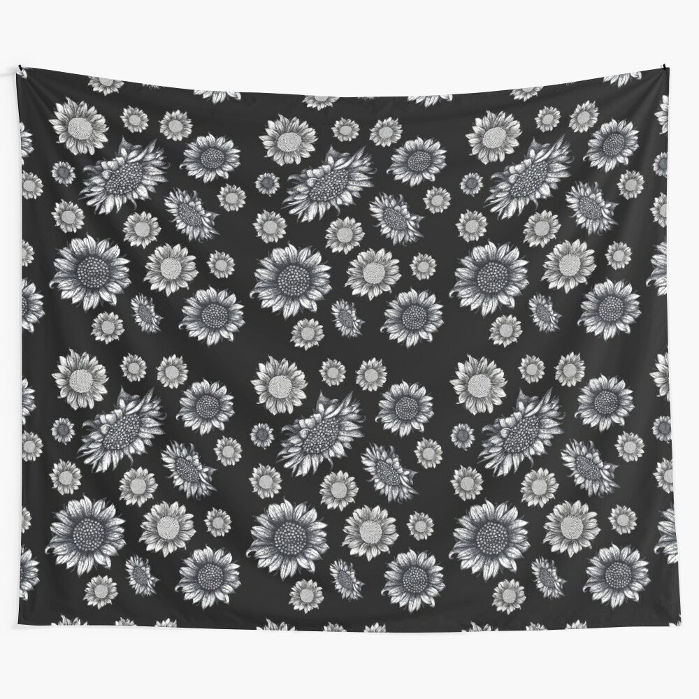 Black and white sunflower print tapestry wall hanging