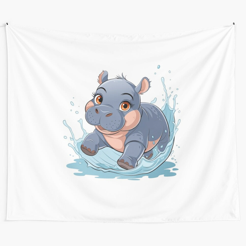 Colorful tapestry featuring an adorable baby hippopotamus playing in the water