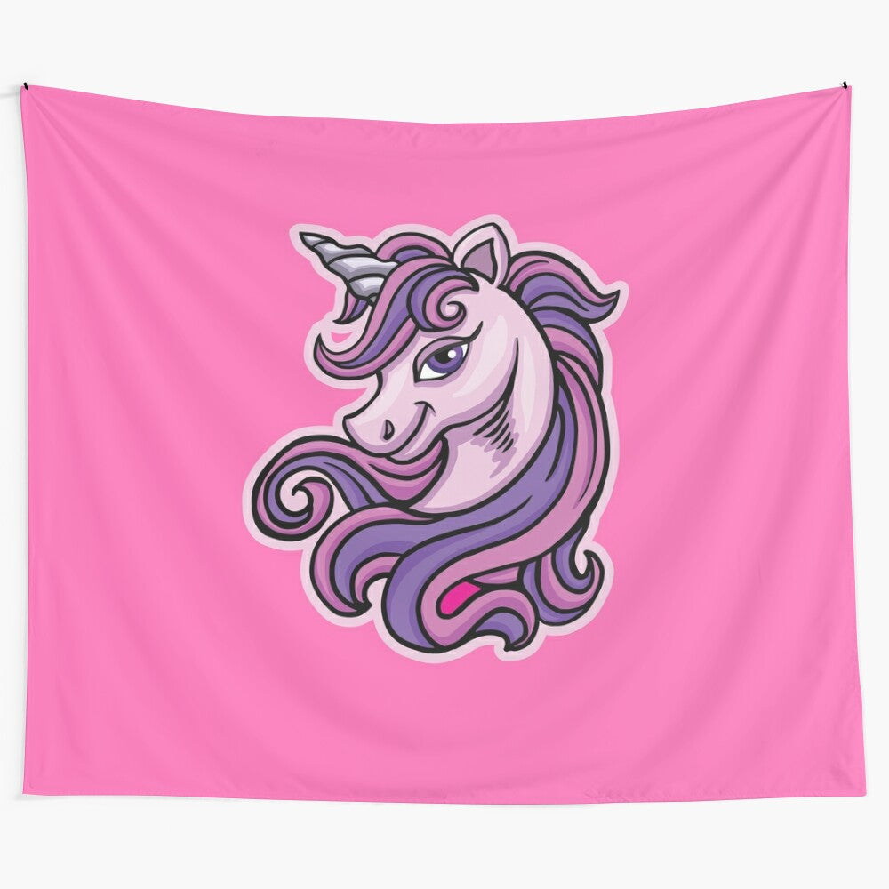 Enchanting pink unicorn tapestry with a magical, whimsical design