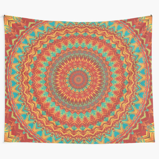 Mandala tapestry featuring sacred geometry and nature motifs