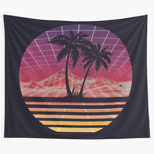 Retro 80s outrun sunset palm tree silhouette tapestry