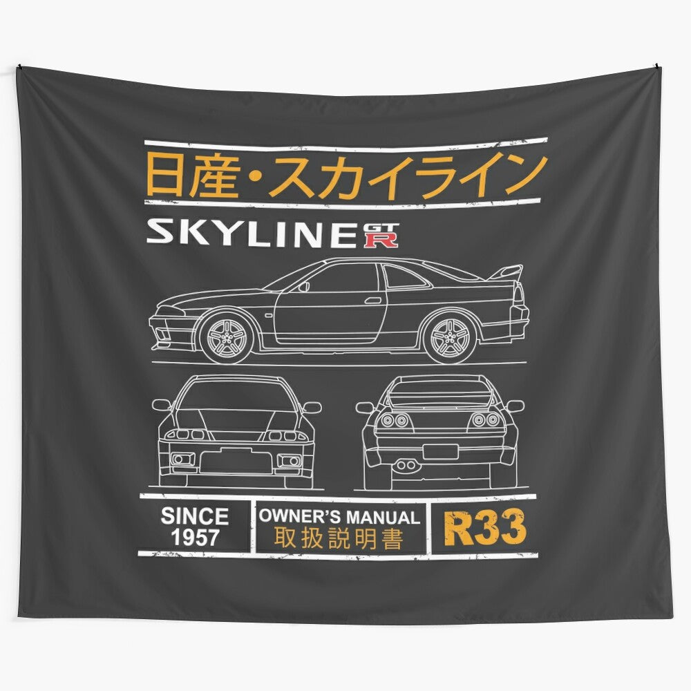 Detailed blueprint illustration of the Nissan Skyline R33 GTR sports car