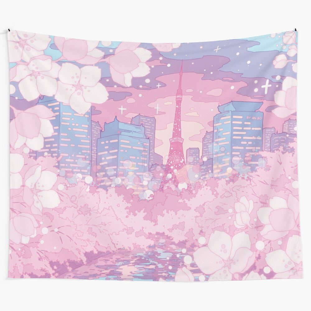 Pastel-colored tapestry depicting a serene Tokyo cityscape at dusk