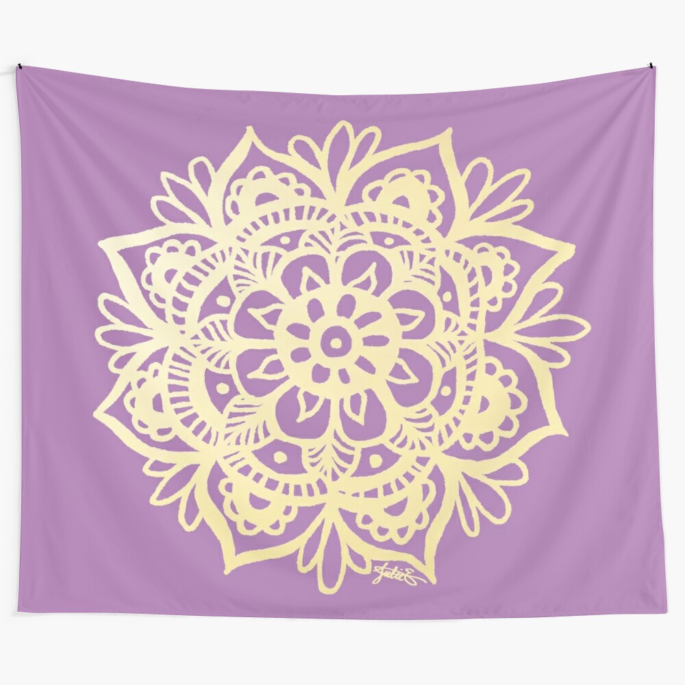 Purple and gold mandala tapestry wall hanging with floral design