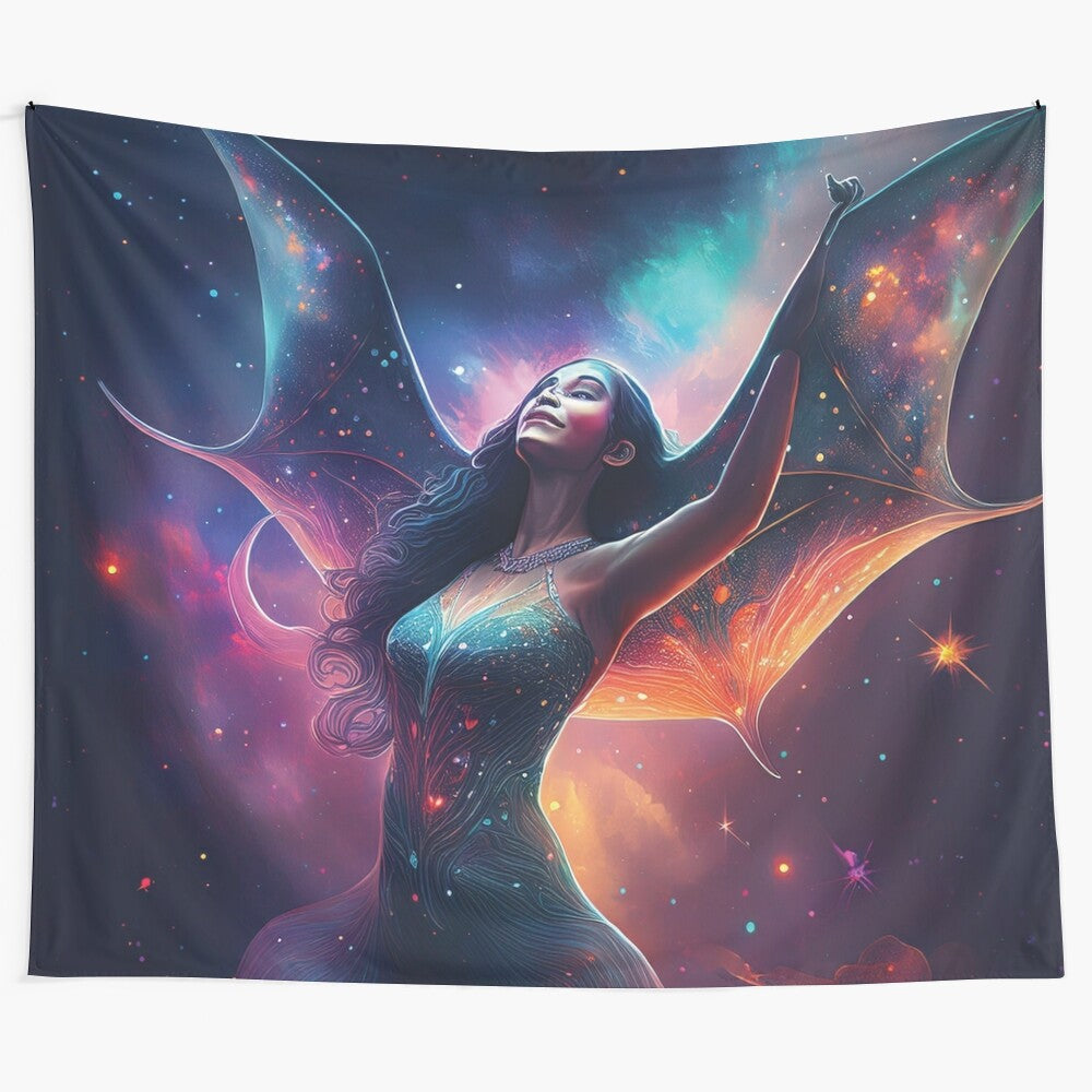 Manta ray tapestry with vibrant nebula and galaxy design