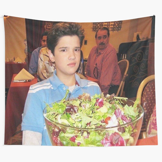 Freddie Benson from iCarly with a salad, meme-inspired tapestry design