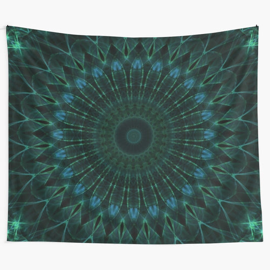 Detailed mandala design tapestry with geometric floral motifs in dark green and blue tones