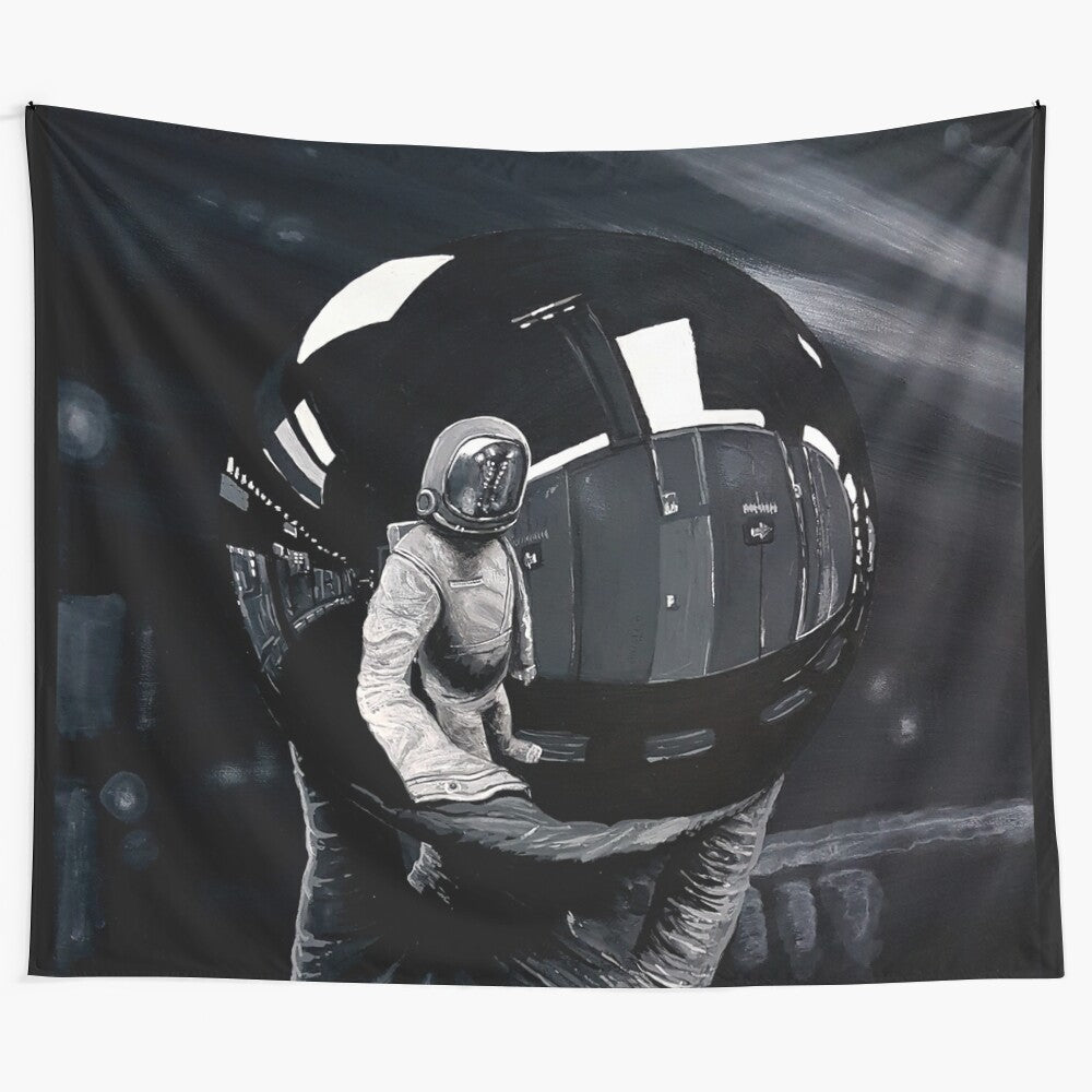 Trippy abstract space art tapestry with reflective astronaut figure