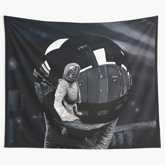 Trippy abstract space art tapestry with reflective astronaut figure