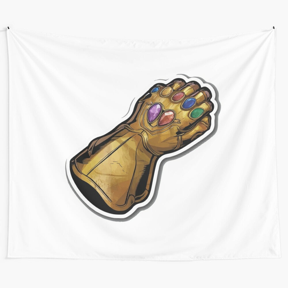 Vibrant golden gauntlet tapestry with angular, metallic design