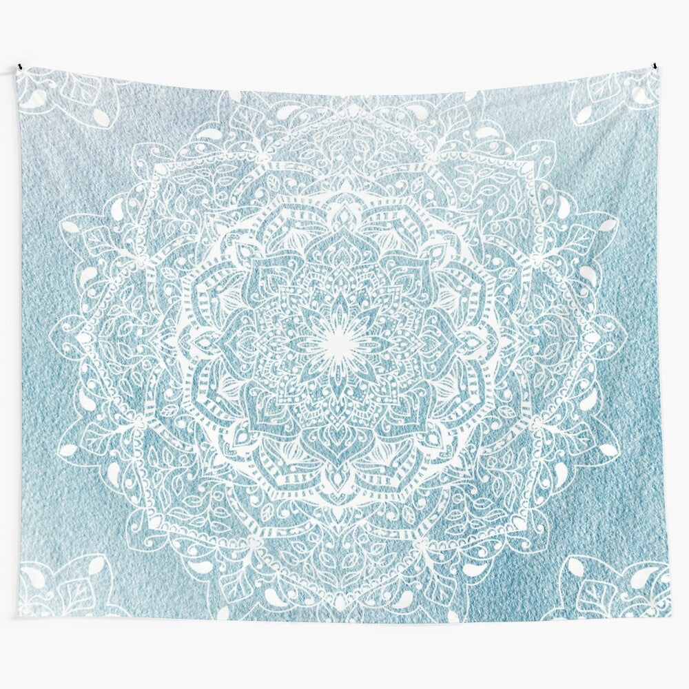 Bohemian nature mandala tapestry with botanical leaves and teal design