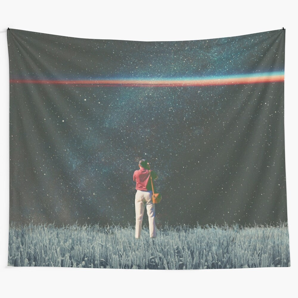 Surreal abstract tapestry featuring a cosmic galaxy scene with colorful lights and shapes