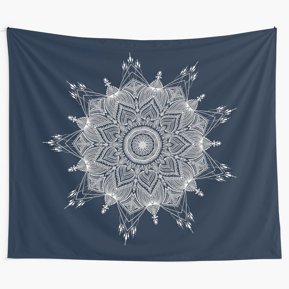 Navy blue mandala tapestry with intricate repeating patterns