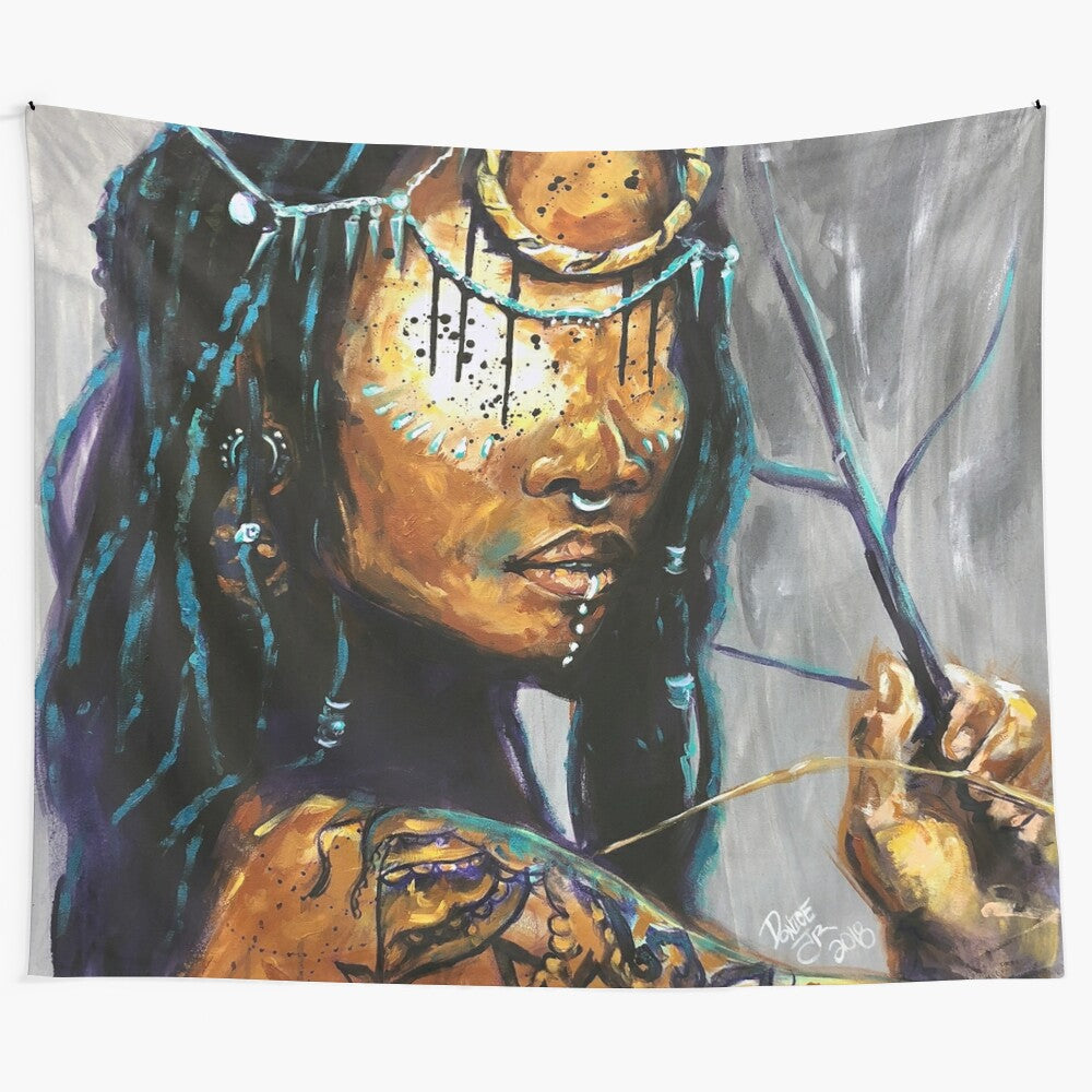 Black art tapestry featuring a portrait of a regal African queen