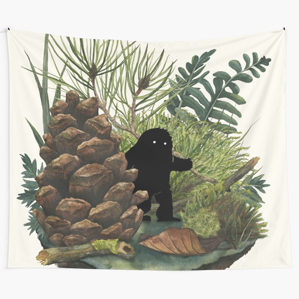 Watercolor illustration of a tiny sasquatch or bigfoot creature in a forest setting