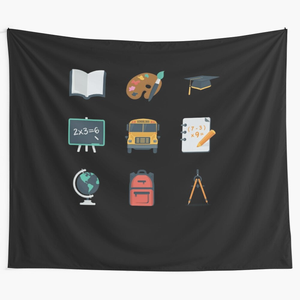 Inspirational educational wall tapestry with motivational slogans and school icons