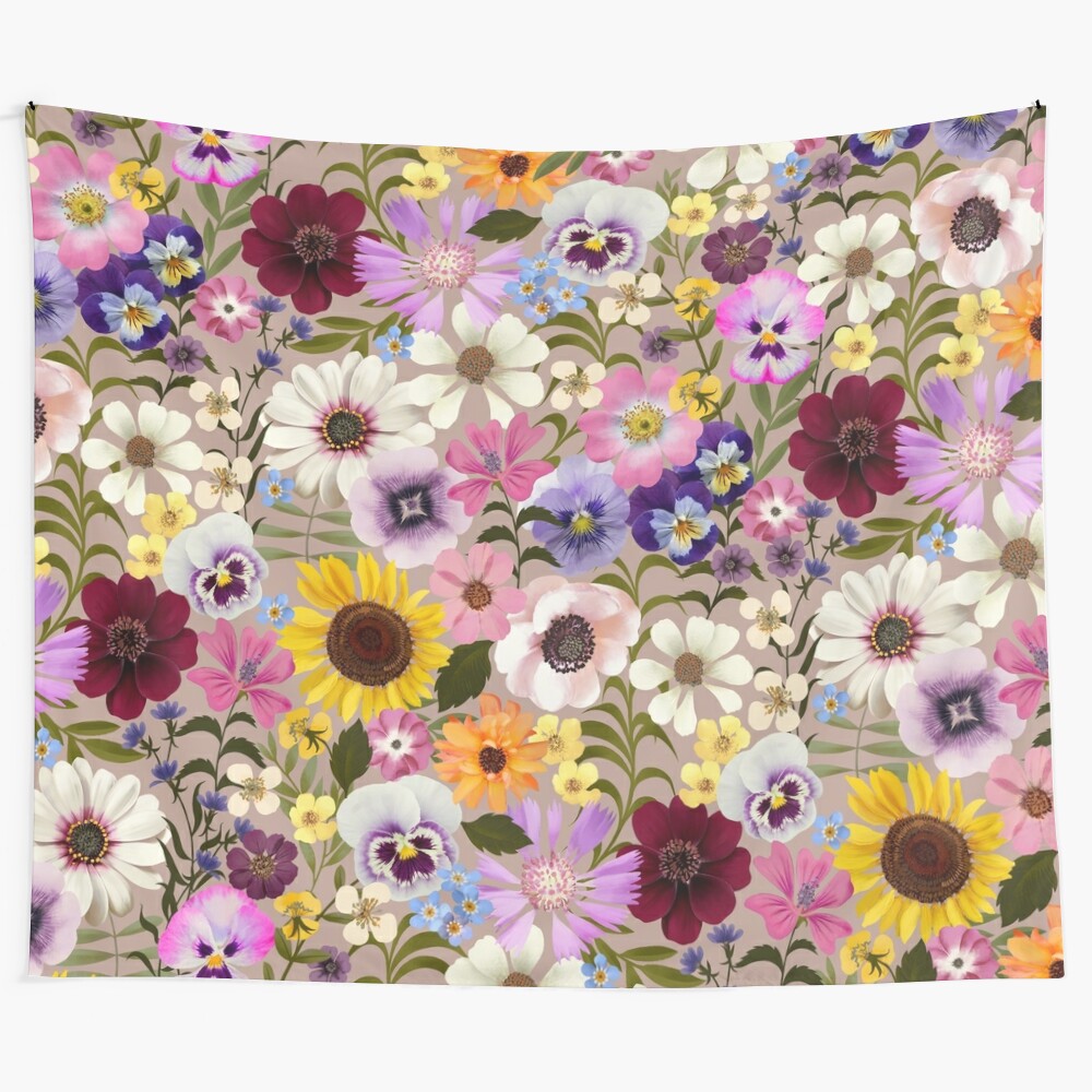 Colorful floral tapestry design with pansies, sunflowers, and other spring flowers