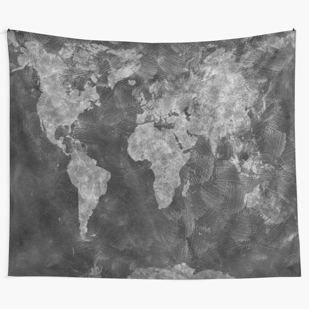 Artistically designed world map tapestry with typography