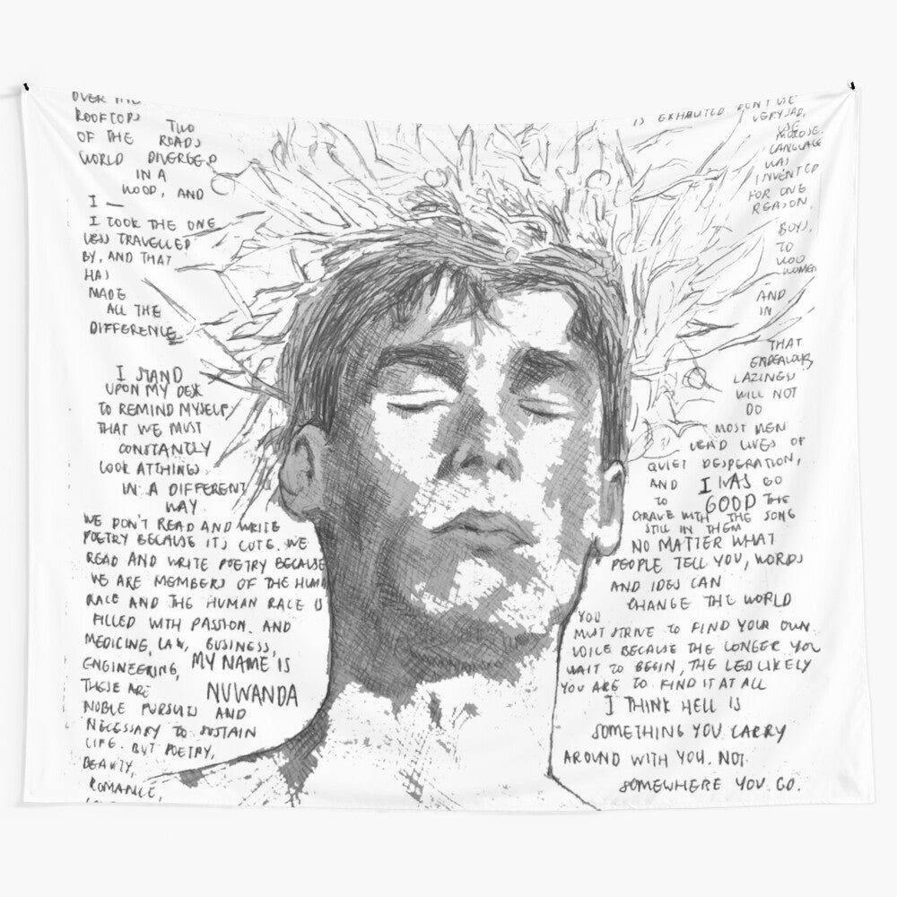 Tapestry featuring a drawing portrait and quote from the movie "Dead Poets Society"