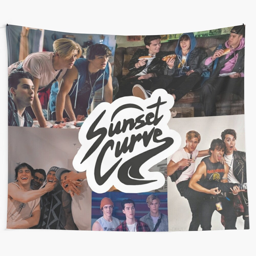 Sunset Curve Band Collage Tapestry featuring characters from JATP TV show