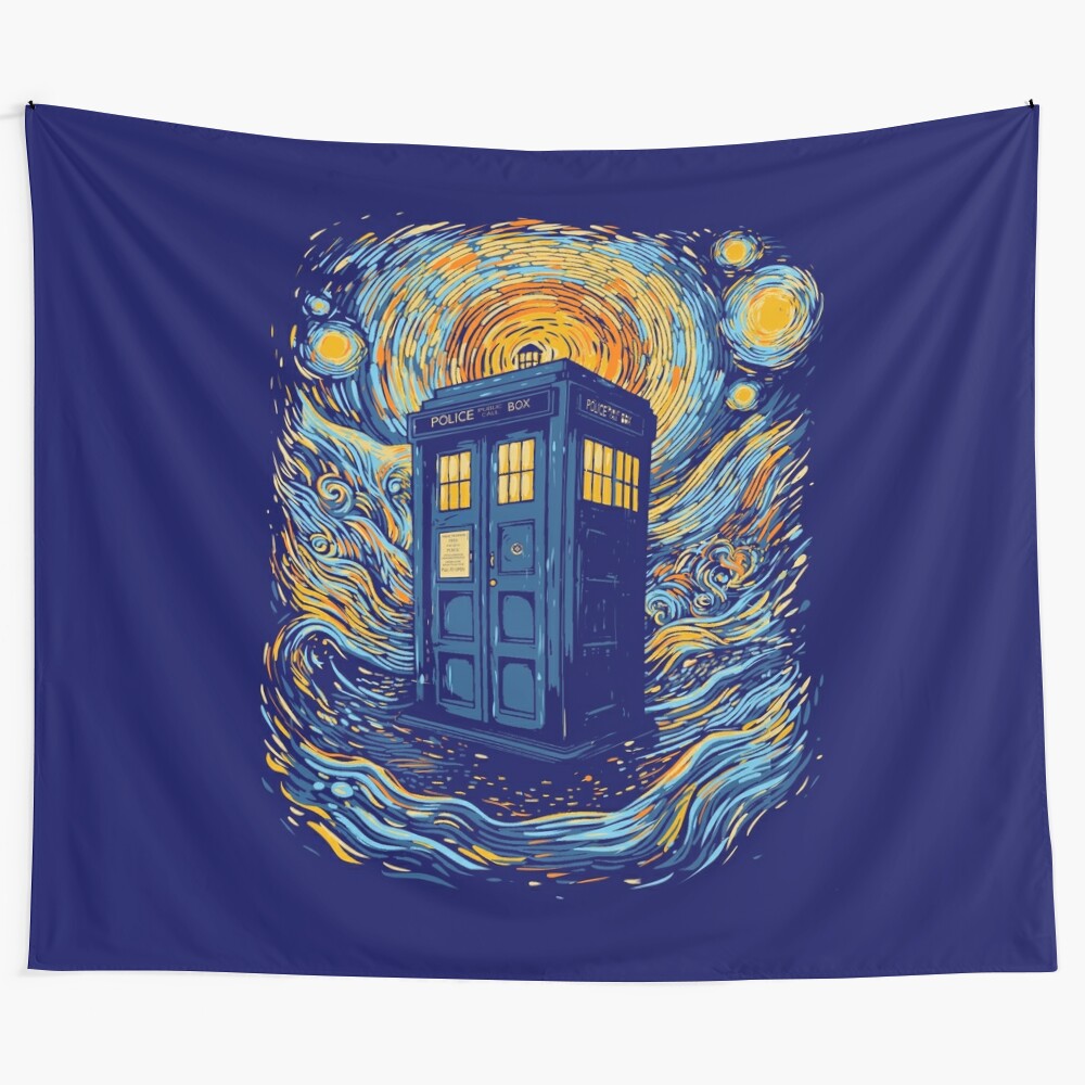 Starry blue box tapestry featuring a cosmic design inspired by Van Gogh's Starry Night and the iconic TARDIS from Doctor Who