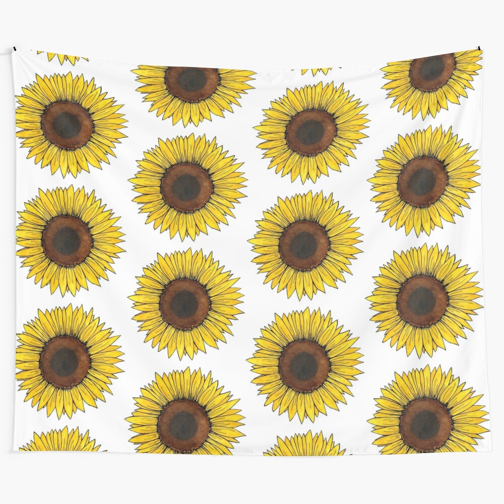 Colorful watercolor illustration of a sunflower on a tapestry