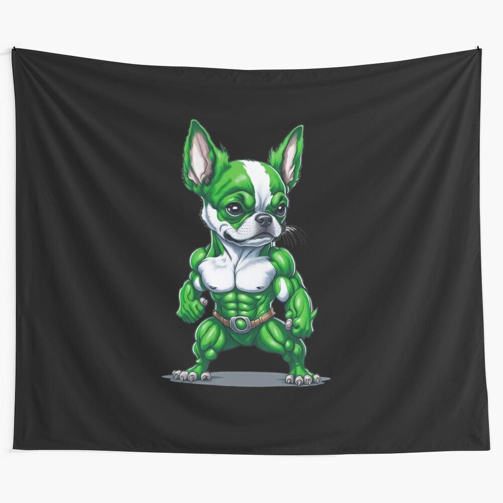 Chihuahua wearing a superhero cape and mask on a tapestry