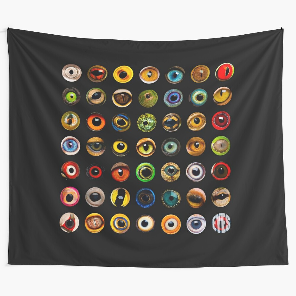 Colorful tapestry featuring a variety of animal eyes, educational and beautiful design