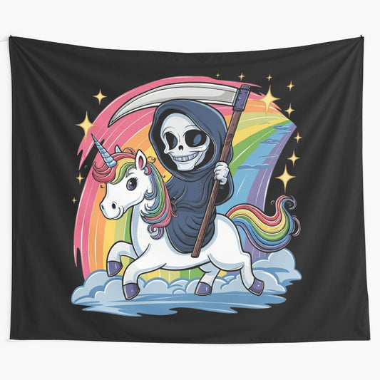 Grim reaper riding a unicorn with a rainbow design, a dark fantasy and gothic tapestry