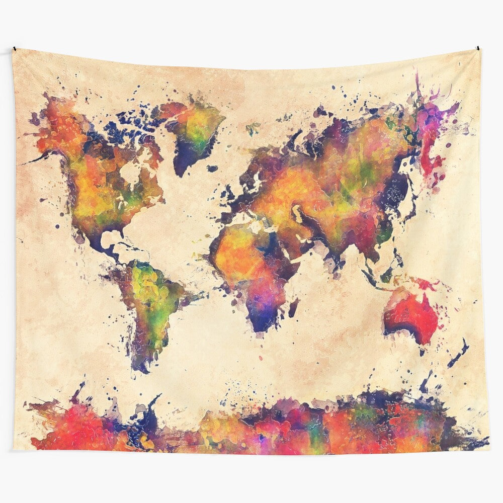 Watercolor world map tapestry with typographic elements