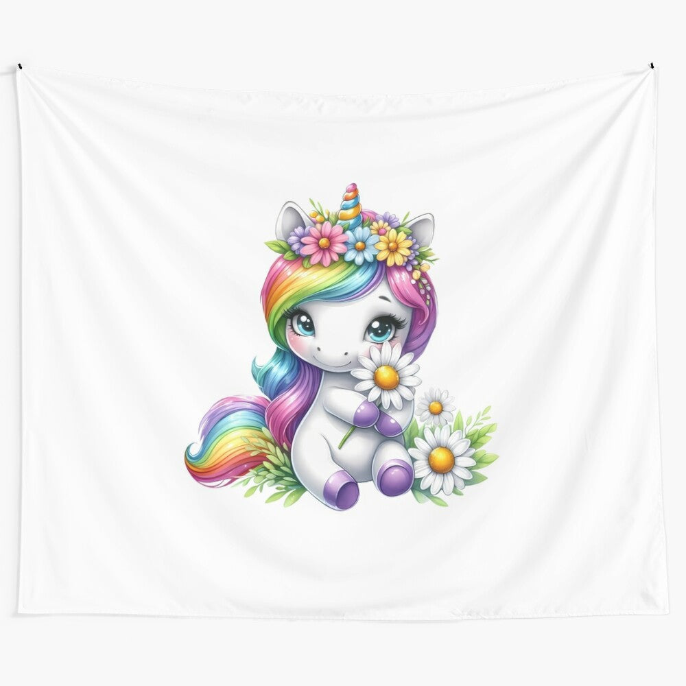 Whimsical unicorn tapestry featuring a colorful, magical, fantasy unicorn on a rainbow background