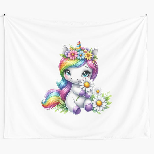 Whimsical unicorn tapestry featuring a colorful, magical, fantasy unicorn on a rainbow background