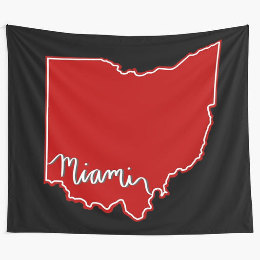 Vintage-inspired tapestry featuring an outline design of Miami, Ohio