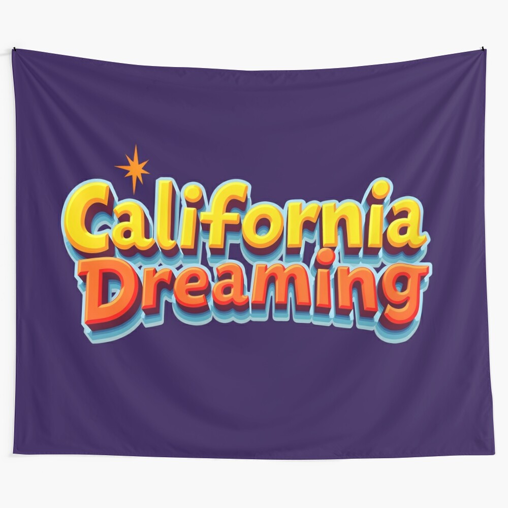 California Dreaming Tapestry with Retro Typography and Beach Landscape