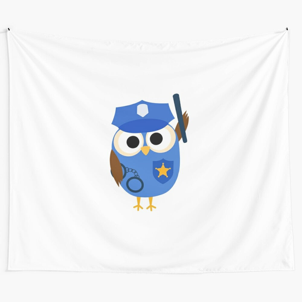 Decorative tapestry featuring a cute owl dressed as a police officer