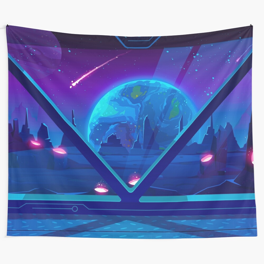 Synthwave space tapestry with neon, vaporwave, and retro 80s inspired design