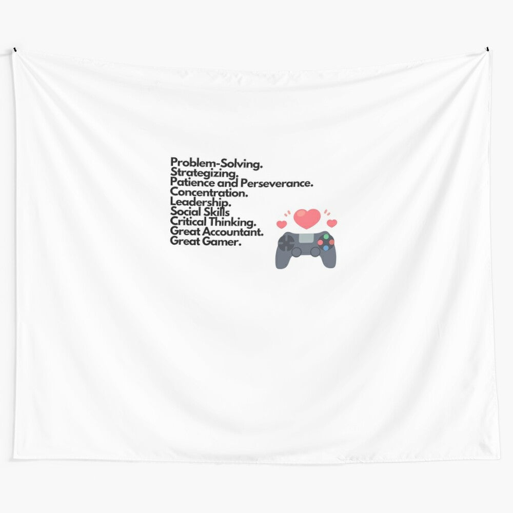 Accounting and gaming skills tapestry featuring bookkeepers, CPAs, auditors, and gamers